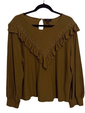 J. Crew Sizes X-Large Cyprus Olive Ruffle Trum Honeycomb Top Cottagecore Boho